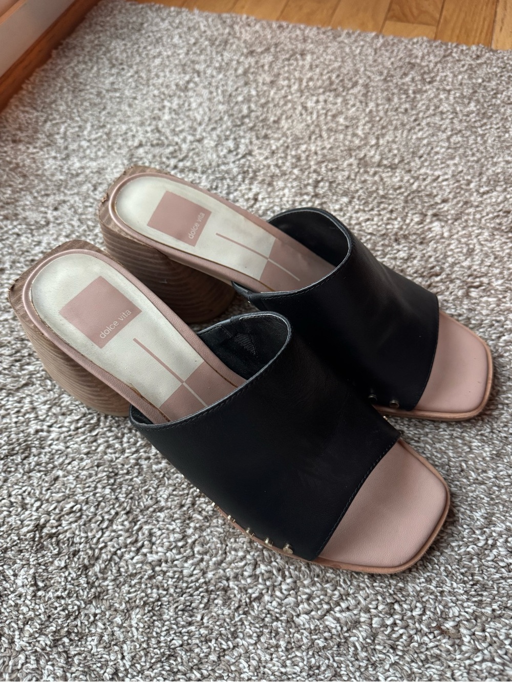 Dolce Vita Black and Blush Open-Toe Leather Mule
